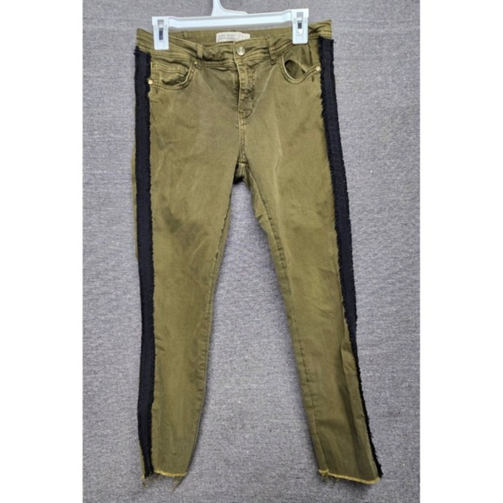 Zara Basic Z1975 Denim Olive Green Skinny Jeans Black Frayed Side Stripe‎ Size 8